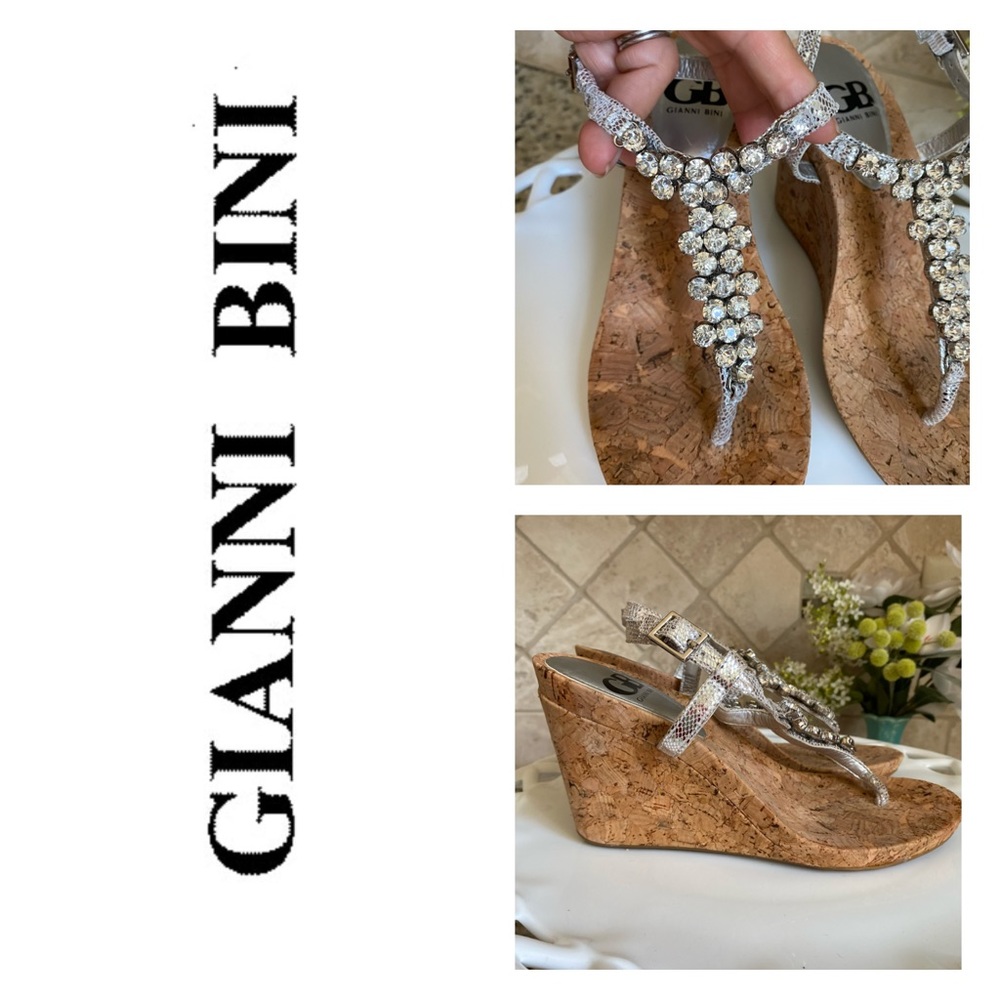 Gianni Bini Silver Leather Rhinestone Wedge Sandal